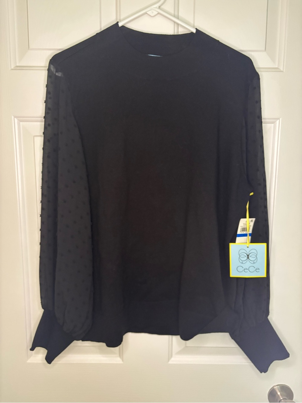 CeCe Black Sheer Dot-Sleeve Crewneck Sweater XL NWT
